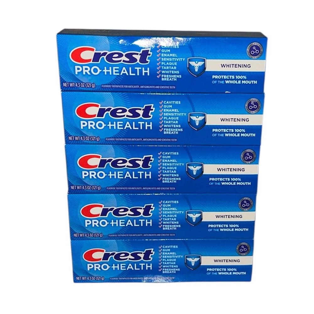 5 Pack Crest Pro-Health Fluoride Toothpaste, Whitening 4.3 Oz, Exp: 06/2028